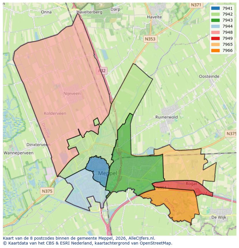 Afbeelding van de postcodes in de gemeente Meppel op de kaart.