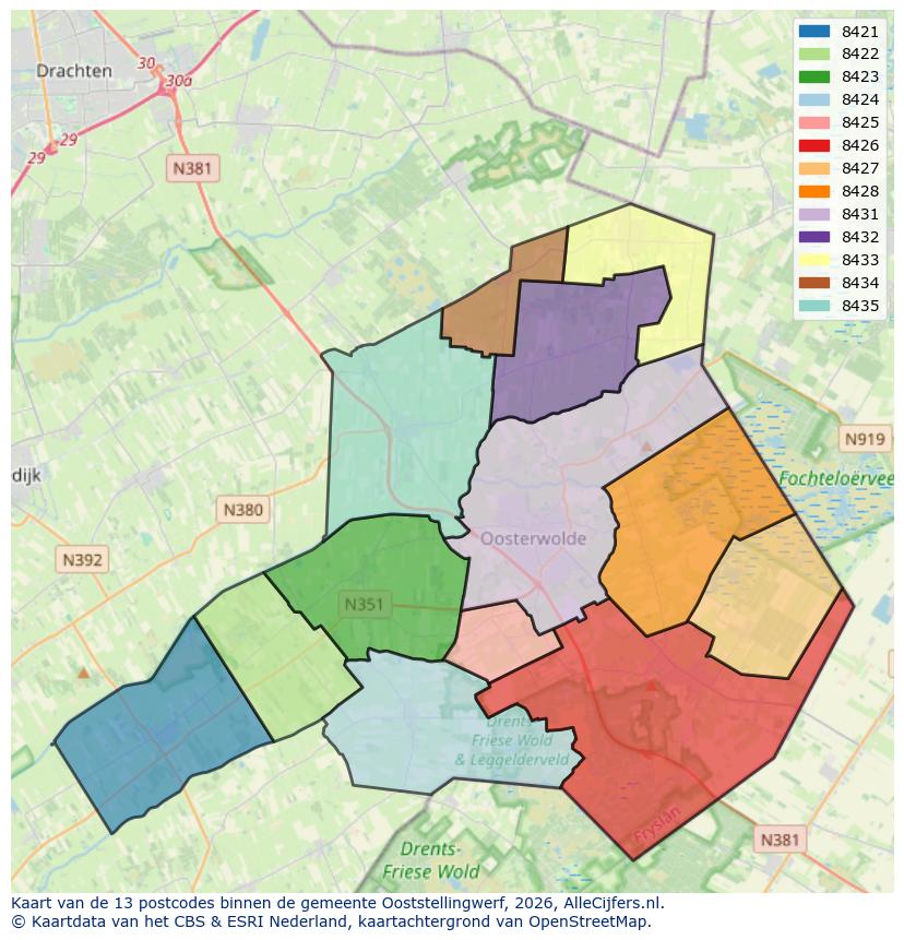 Afbeelding van de postcodes in de gemeente Ooststellingwerf op de kaart.