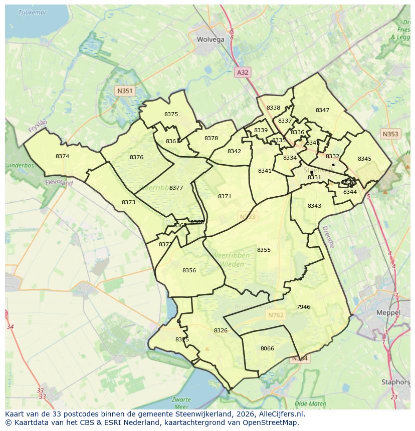 Afbeelding van de postcodes in de gemeente Steenwijkerland op de kaart.