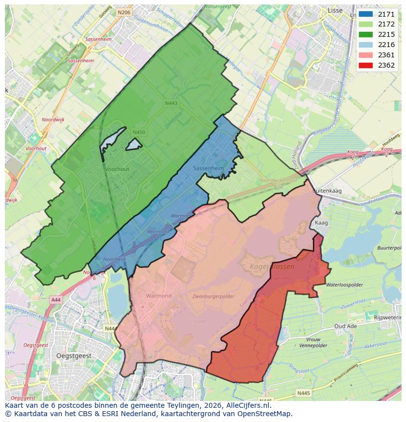 Afbeelding van de postcodes in de gemeente Teylingen op de kaart.