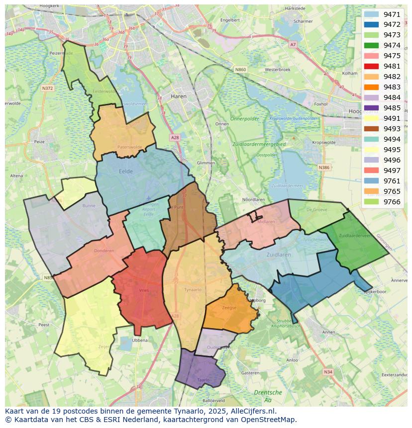 Afbeelding van de postcodes in de gemeente Tynaarlo op de kaart.