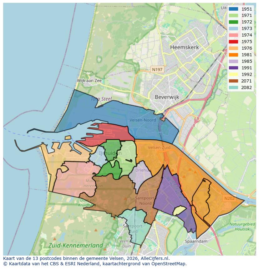 Afbeelding van de postcodes in de gemeente Velsen op de kaart.