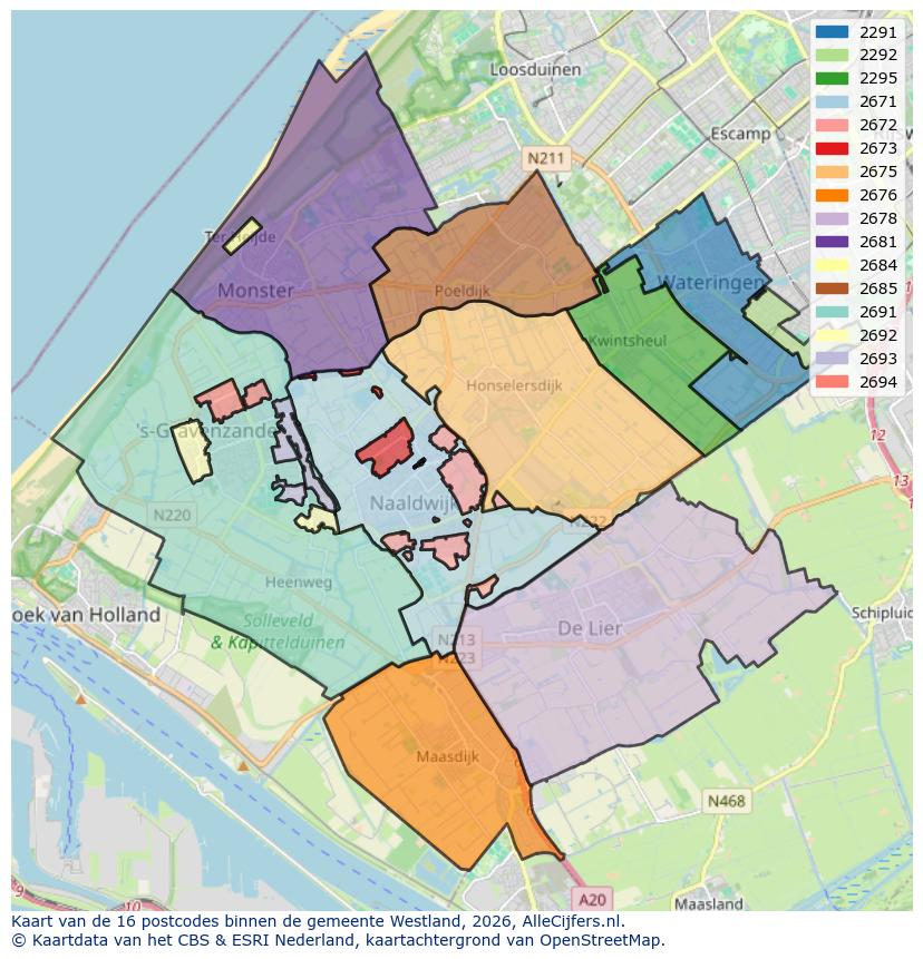 Afbeelding van de postcodes in de gemeente Westland op de kaart.