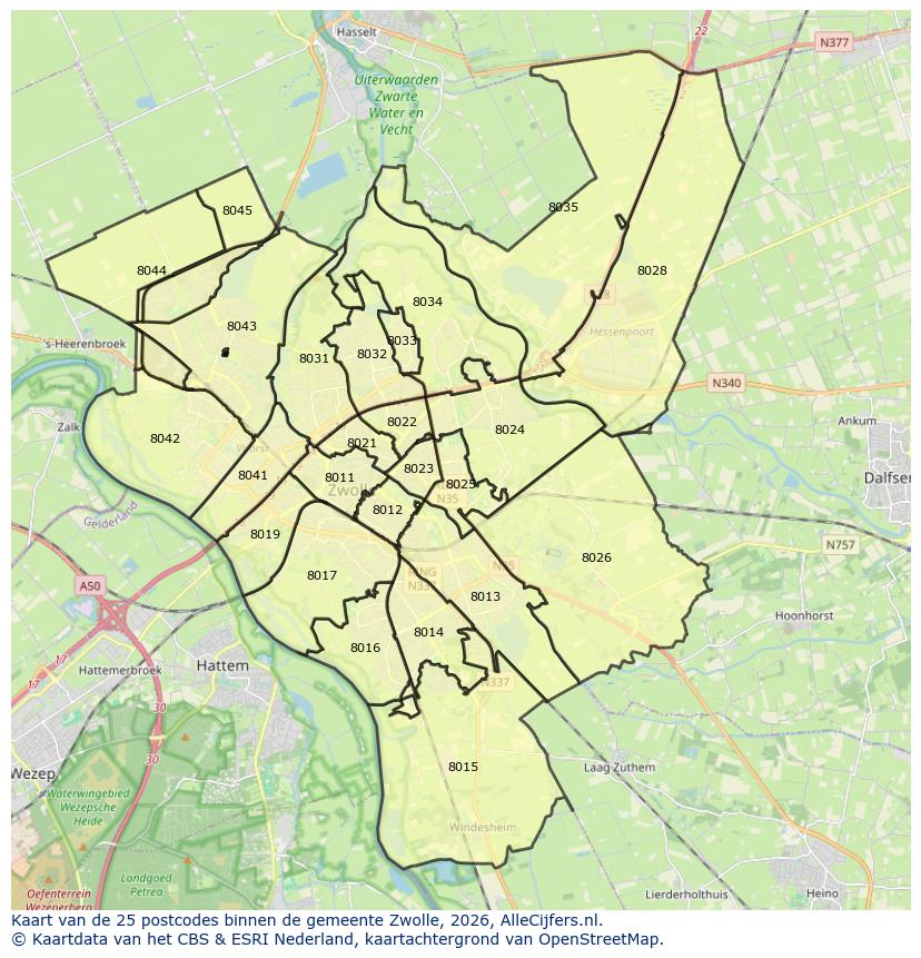 Afbeelding van de postcodes in de gemeente Zwolle op de kaart.